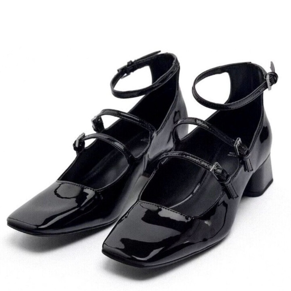 Zara Black Patent Triple-Strap Mary Jane Block Heel
